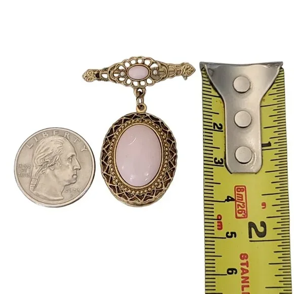 1928 Brand Faux Coral Clear Rhinestone Locket Bar Pin Brooch, K351